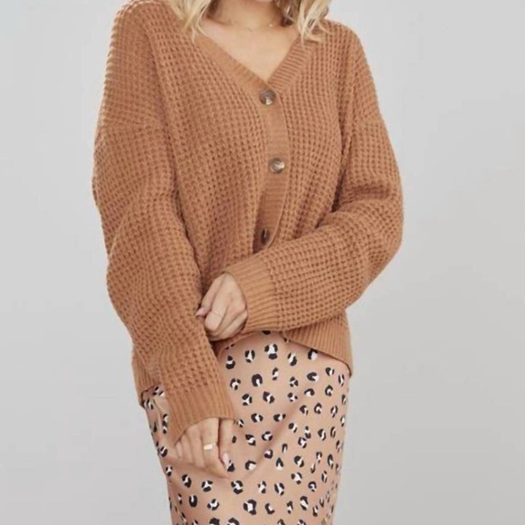 Mud Pie Camel Brown Knit Button-Up V-neck Cardigan- S/M - Picture 1 of 5